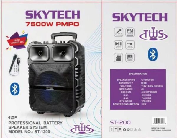 Skytech Rock Trolley Party Speaker with Bluetooth, Karaoke with FM Radio, Micro SD Card, USB, Wired Mic, LED Lights & 12inch Subwoofer – 7500 watt, 3D Sound