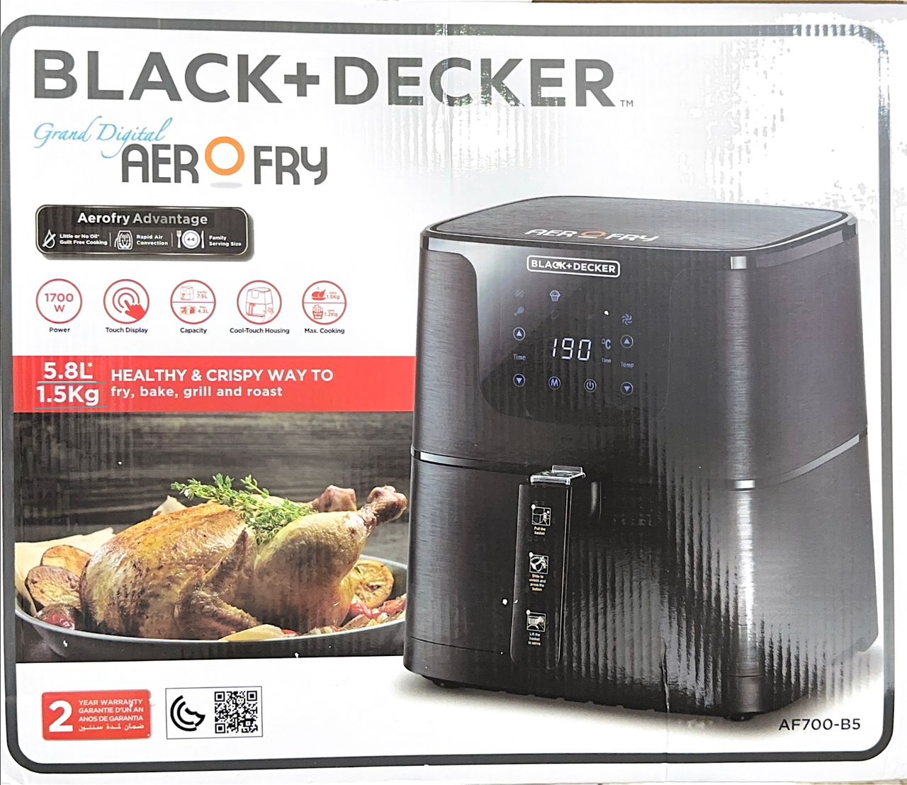 BLACK+DECKER XL Digital Air Fryer, 1700W & 7.5L Capacity, 7