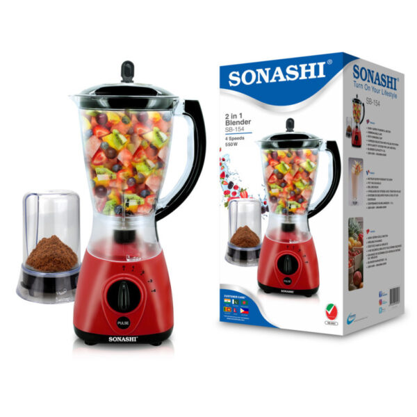SONASHI 2 in 1 Blender SB-154 – 4 Speed, 550W Countertop Blender Mixer with Overheat Protection, Safety Lock System, 1.5L Unbreakable Jar, Grinding Cup.
