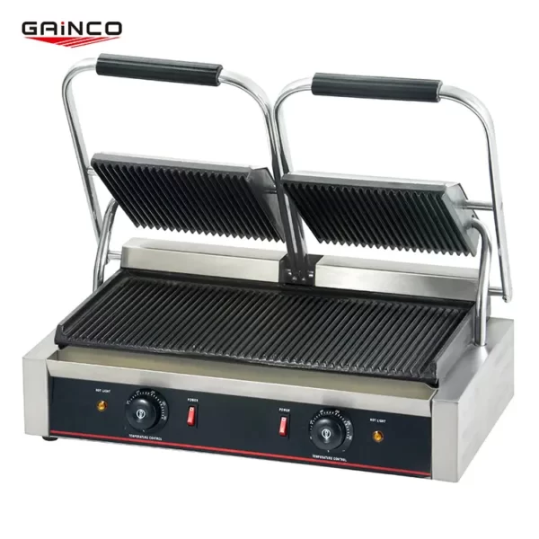 Double Commercial Sandwich Maker Grill with Grooved Plates