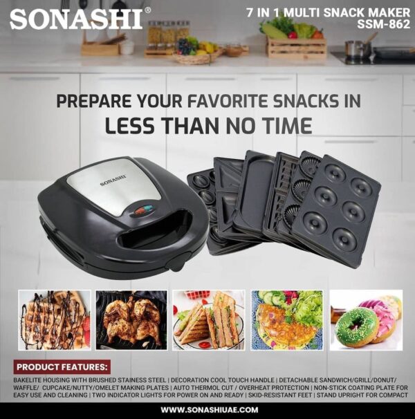 Sonashi 7-in-1 Multi Snack Maker SSM-862 - Detachable Sandwich, Grill, Donut, Waffle, Cupcake, Nutty, Omelet Making Plates