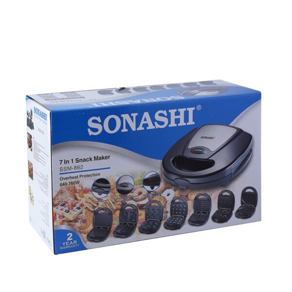 Sonashi 7-in-1 Multi Snack Maker SSM-862 - Detachable Sandwich, Grill, Donut, Waffle, Cupcake, Nutty, Omelet Making Plates