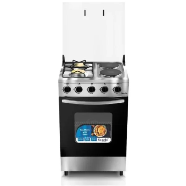 Saachi Cooker 2 Gas + 2 Electric | NL-Gas-6363HP | Auto Ignition | Gas Oven & Grill | (50X50cm) | Rotisserie | Glass Top | Light in the Oven – Silver, Black